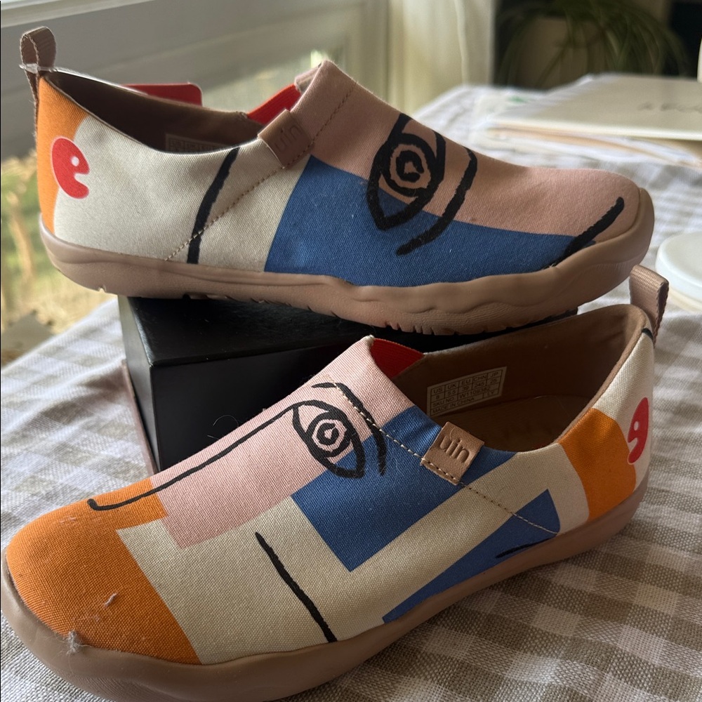 UIN.   Women’s Slip-On Sneakers in Blue, Pink & Orange with Playful Face Art